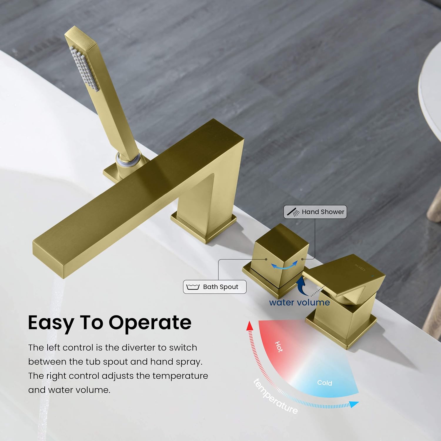 KIBI Cube Single Handle Roman Tub Faucet with Hand Shower | Deck Mounted Bathtub Faucet Set with Solid Brass Construction, Smooth Water Flow & Diverter for Easy Operation (Brushed Gold, KTF3102)