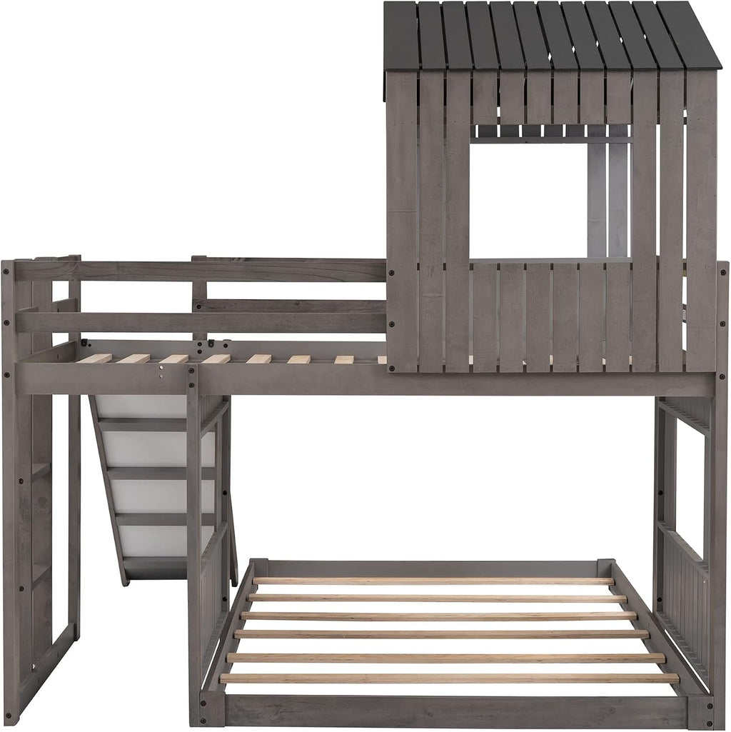 MERITLINE House Bed Bunk Beds with Slide Twin Over Full Size Bunk Bed Frame with Slide,Wooden Playhouse - Design Slide Bunk Beds Twin Over Full Bunk for Boys and Girls