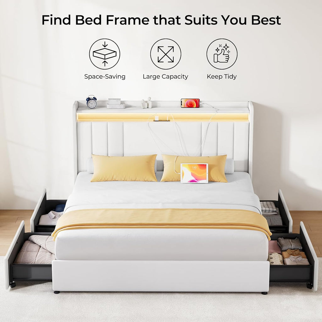 koorlian King Size Bed Frame with Storage, 51'' Tall Headboard Upholstered Platform Bed with 4 Dustproof Drawers, 2-Tier Storage Headboard Wingback, LED Light, Charging Station, Easy Assembly, White