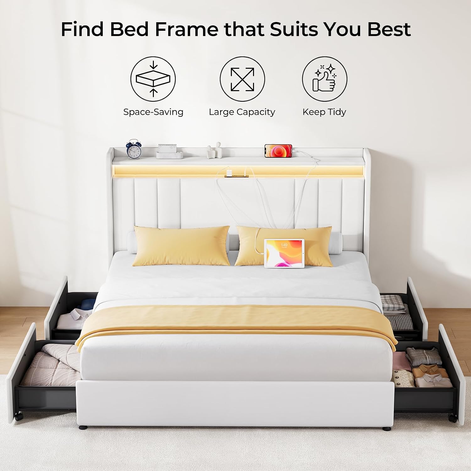 koorlian King Size Bed Frame with Storage, 51'' Tall Headboard Upholstered Platform Bed with 4 Dustproof Drawers, 2-Tier Storage Headboard Wingback, LED Light, Charging Station, Easy Assembly, White