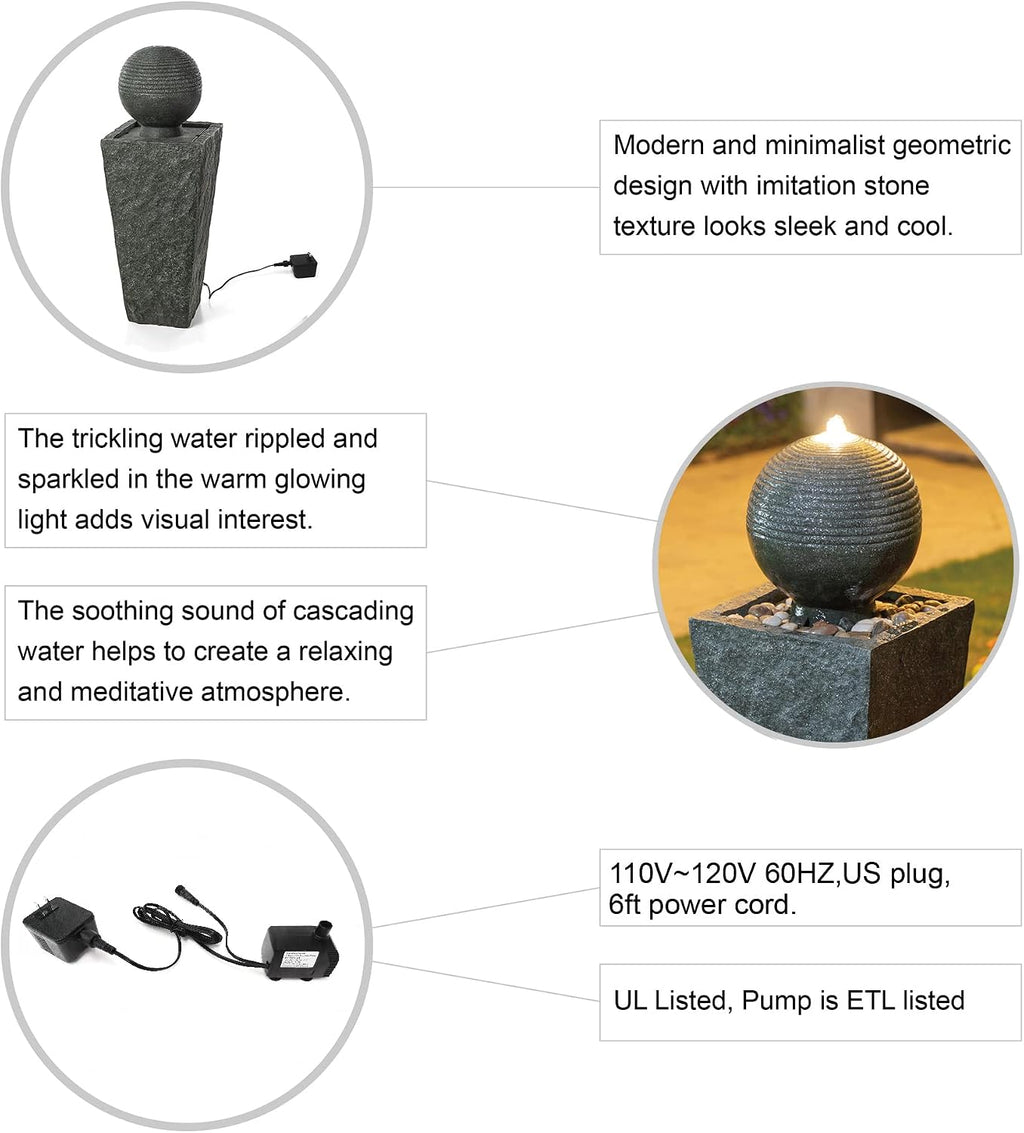 Glitzhome Outdoor Water Fountain with LED Light, Decorative Sphere Pedestal Outdoor Fountain with Submersible Pump, Vintage Waterfall Fountains for Garden Patio Deck Porch, 31.69'H