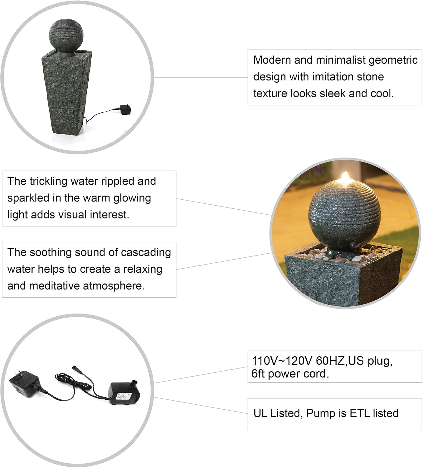 Glitzhome Outdoor Water Fountain with LED Light, Decorative Sphere Pedestal Outdoor Fountain with Submersible Pump, Vintage Waterfall Fountains for Garden Patio Deck Porch, 31.69'H