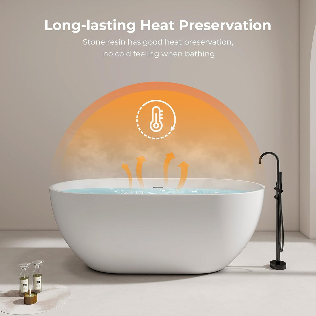 Premium 59' Solid Surface Freestanding Bathtub, Upgraded Oval Stone Resin Tub with Overflow and Pop-up Drain, Matte White
