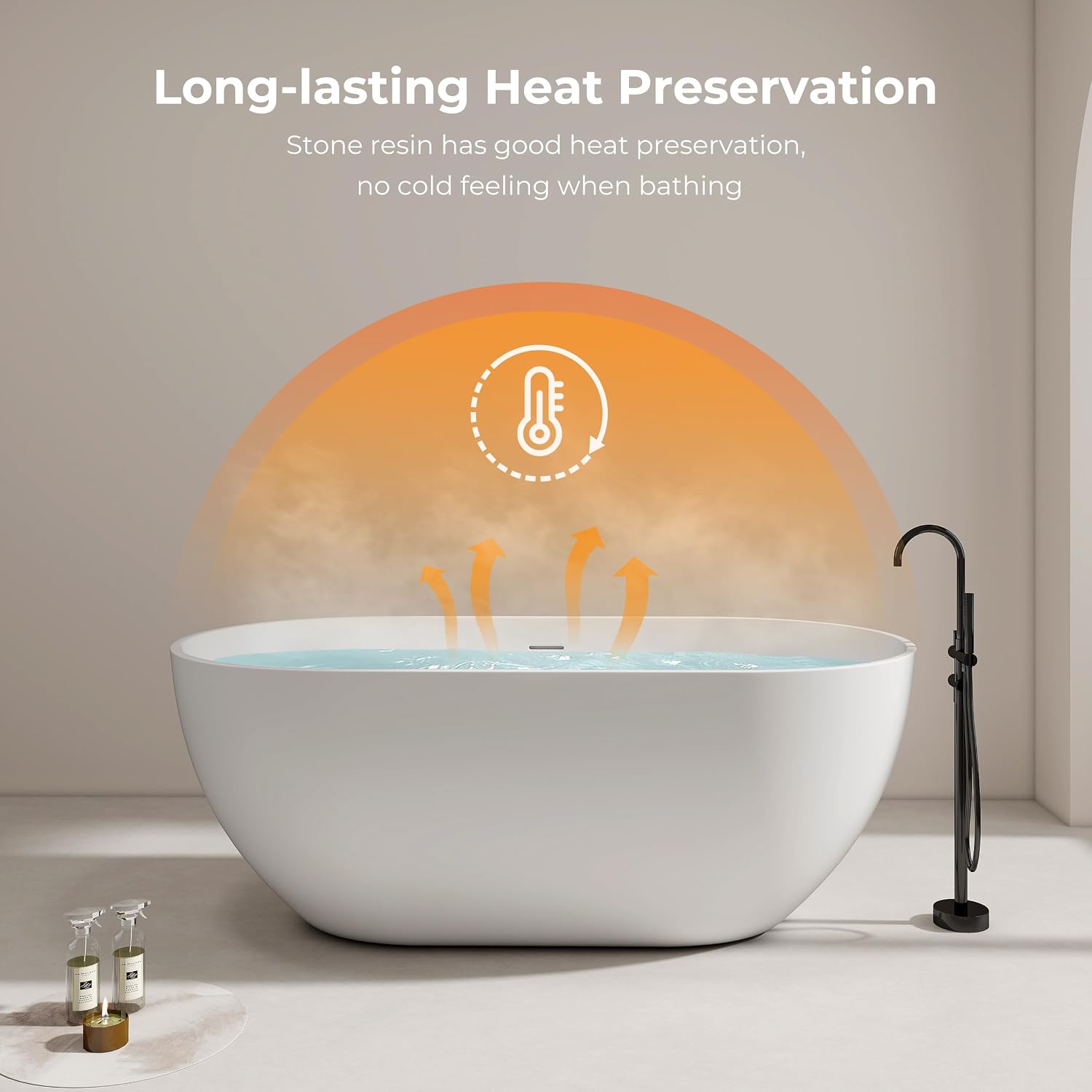 Premium 59' Solid Surface Freestanding Bathtub, Upgraded Oval Stone Resin Tub with Overflow and Pop-up Drain, Matte White