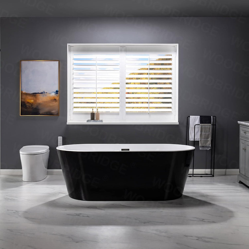 WOODBRIDGE 67' Acrylic Freestanding Bathtub Contemporary Soaking Black Tub with Matte Black Overflow and Drain,Black,B1813MB