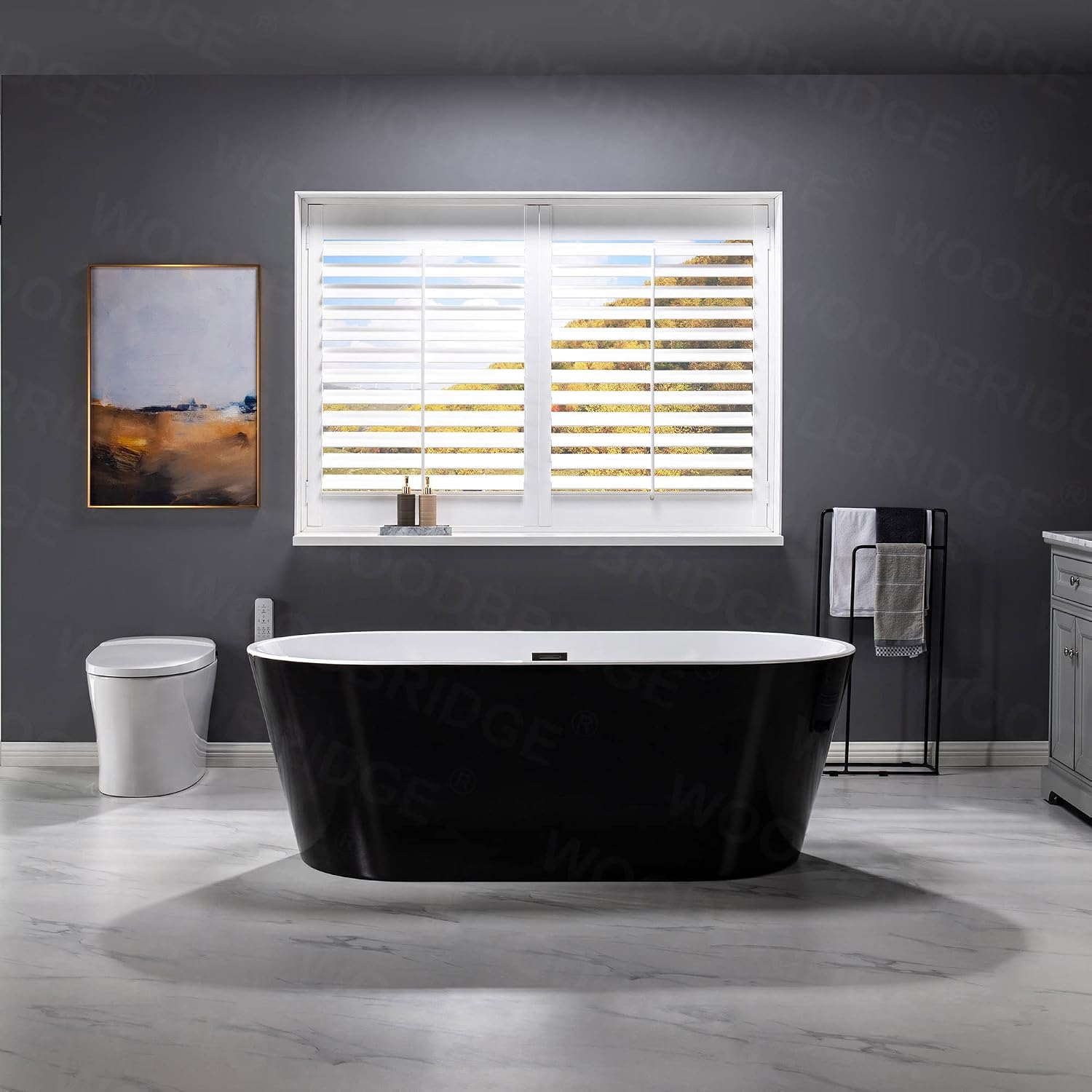 WOODBRIDGE 67' Acrylic Freestanding Bathtub Contemporary Soaking Black Tub with Matte Black Overflow and Drain,Black,B1813MB