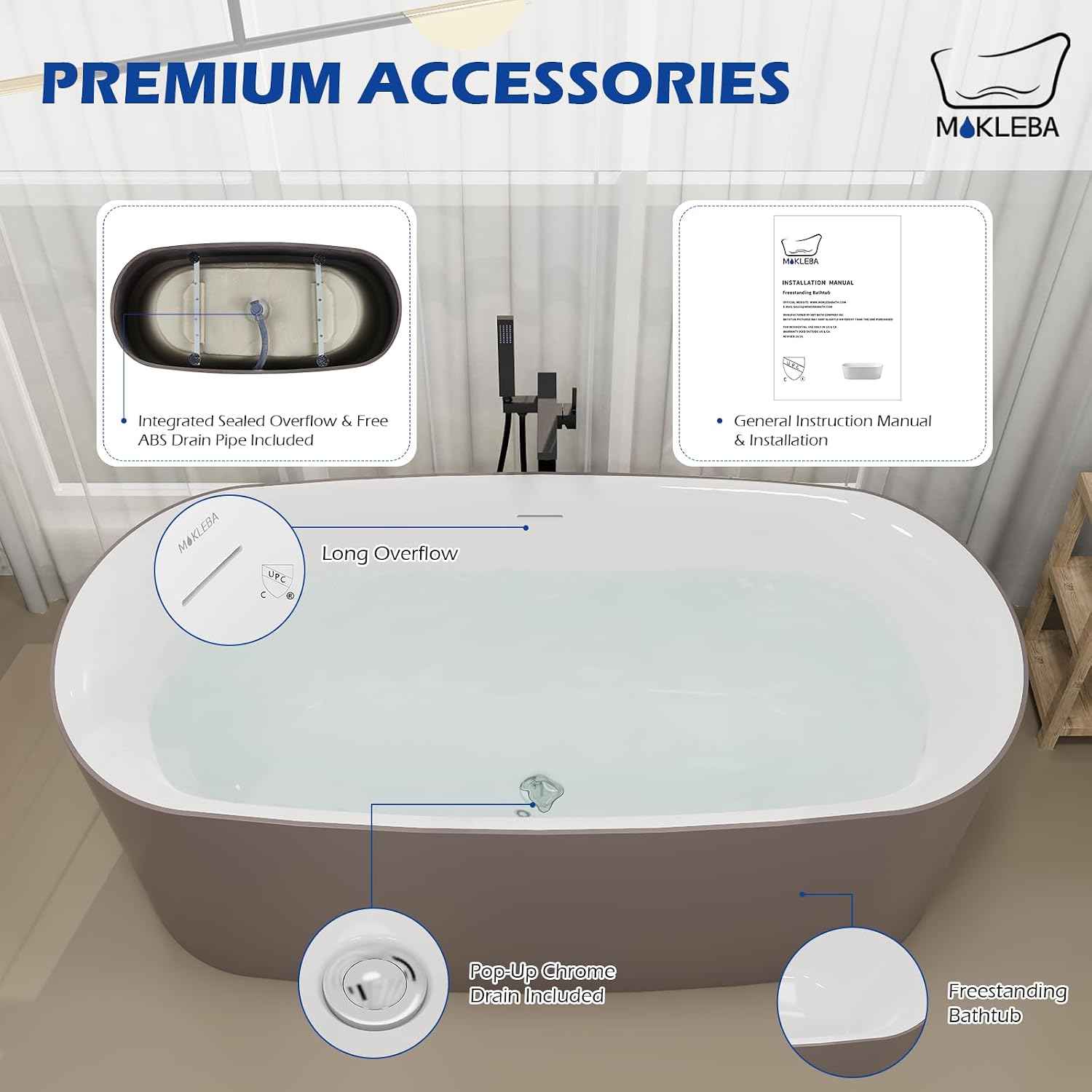 59' Solid Surface Resin Freestanding Bathtub Oval Shape, Modern Deep Stone Resin Soaking Bathtub with Integrated Slotted Overflow, Toe-Tap Chrome Drain, cUPC Certified, Brown