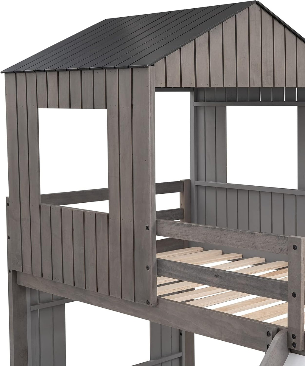 MERITLINE House Bed Bunk Beds with Slide Twin Over Full Size Bunk Bed Frame with Slide,Wooden Playhouse - Design Slide Bunk Beds Twin Over Full Bunk for Boys and Girls