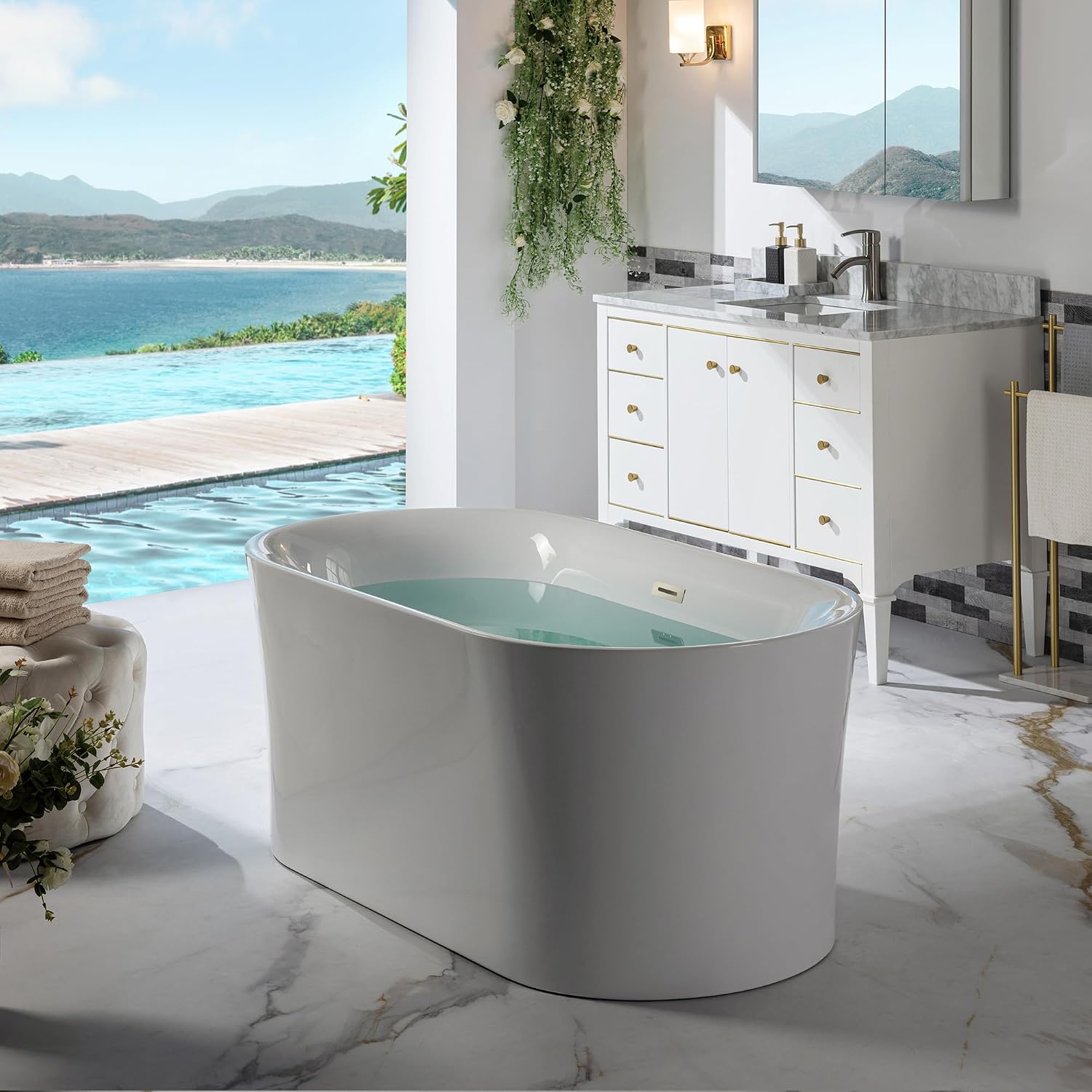 WOODBRIDGE 59' Acrylic Freestanding Bathtub Contemporary Soaking Tub with Brushed Nickel Overflow and Drain,White Tub,B0058-BN