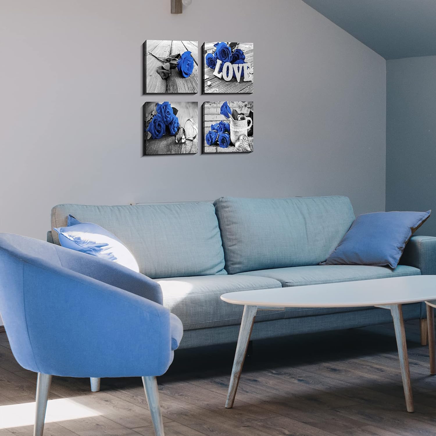 Blue Flower Wall Art Black and White Wall Decor Blue Rose Prints Paintings Artwork Bathroom Kitchen Living Room Home Decorations 20 x 20' Sets 4 Panels Rustic Romantic Floral Love Sign Frames Pictures