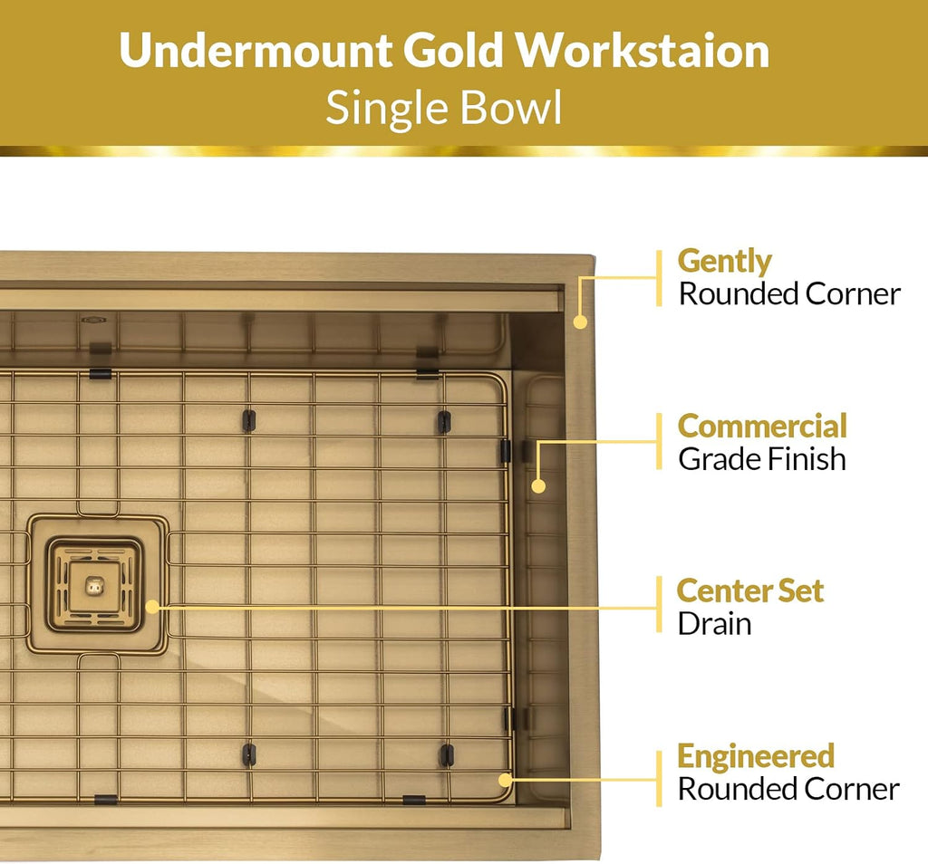 Strictly Sinks Undermount Workstation Gold Kitchen Sink –32 Inch 16 Gauge Single Bowl Kitchen Sink with Bottom Grid, Wooden Cutting Board, Colander, 1 Garbage Disposal Adapter, & 1 Strainer Drain