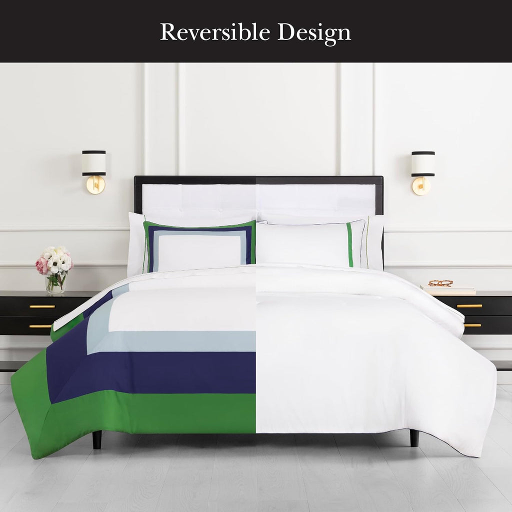 kate spade new york Color Block Full/Queen Comforter Set, 300 Thread Count and 100% Cotton Cover, All Season 3 Piece Reversible Bedding Set, Machine Washable, Navy, Green and White
