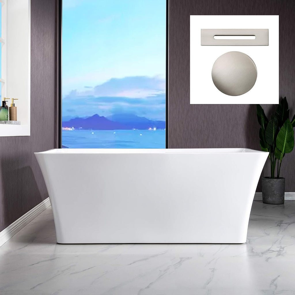 WOODBRIDGE 59' Freestanding White Acylic Soaking Bathtub with Brushed Nickel Drain and Overflow,BTS1509-B/N-Drain&O