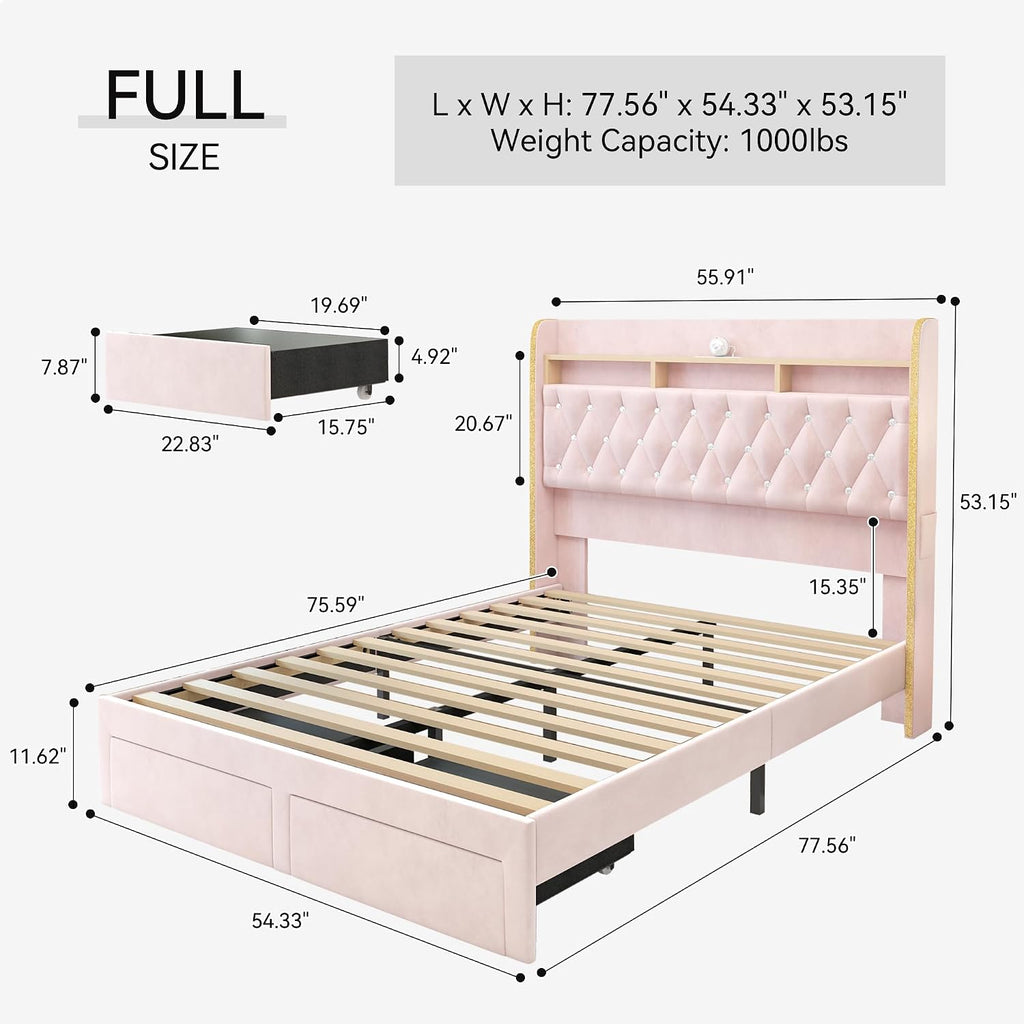 Torana Full LED Bed Frame with 2 Drawers, 53' Tall Platform Beds with Galaxy Star Projector Charging Station, Velvet Upholstered Diamond Tufted Aurora Bedframe with Storage Headboard, Pink