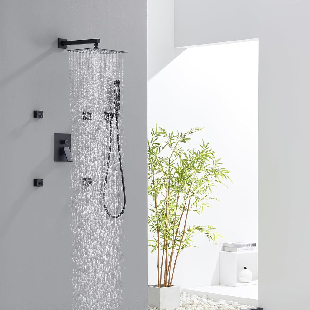 Iriber Mattle Black Square Rain Shower System with 4 PCS Body Jets 3 Function Shower Faucet Set Contain 12 Inch Shower Head and Handheld Wall Mounted Pressure Balance Shower Trim Kit (Valve Included)