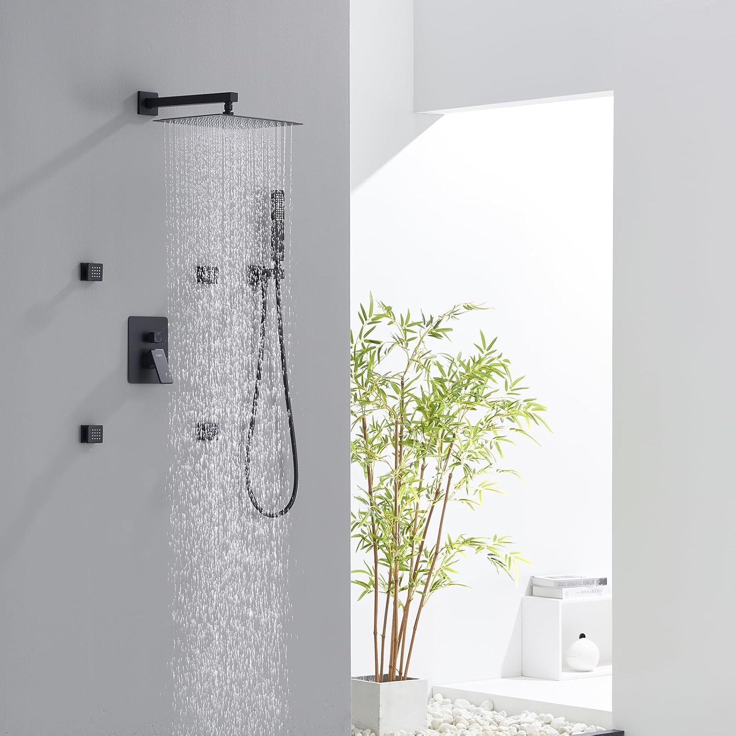 Iriber Mattle Black Square Rain Shower System with 4 PCS Body Jets 3 Function Shower Faucet Set Contain 12 Inch Shower Head and Handheld Wall Mounted Pressure Balance Shower Trim Kit (Valve Included)
