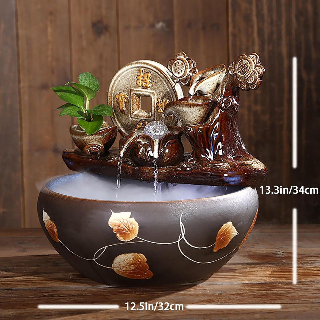 Tabletop Water Fountain, Mist Humidifier, Chinese Ceramic Desk Decor, Porcelain Indoor Feature for Living Room Office(C)