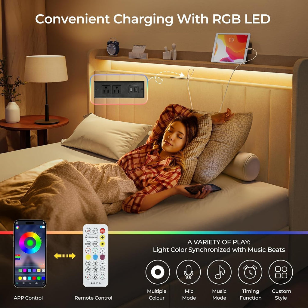 koorlian Queen Size Upholstered Bed Frame with Storage Headboard and 4 Dustproof Drawers, 51'' Tall LED Platform Bed Frame with Adjustable Headboard, USB/Type-C Charging and Side Storage, Off White