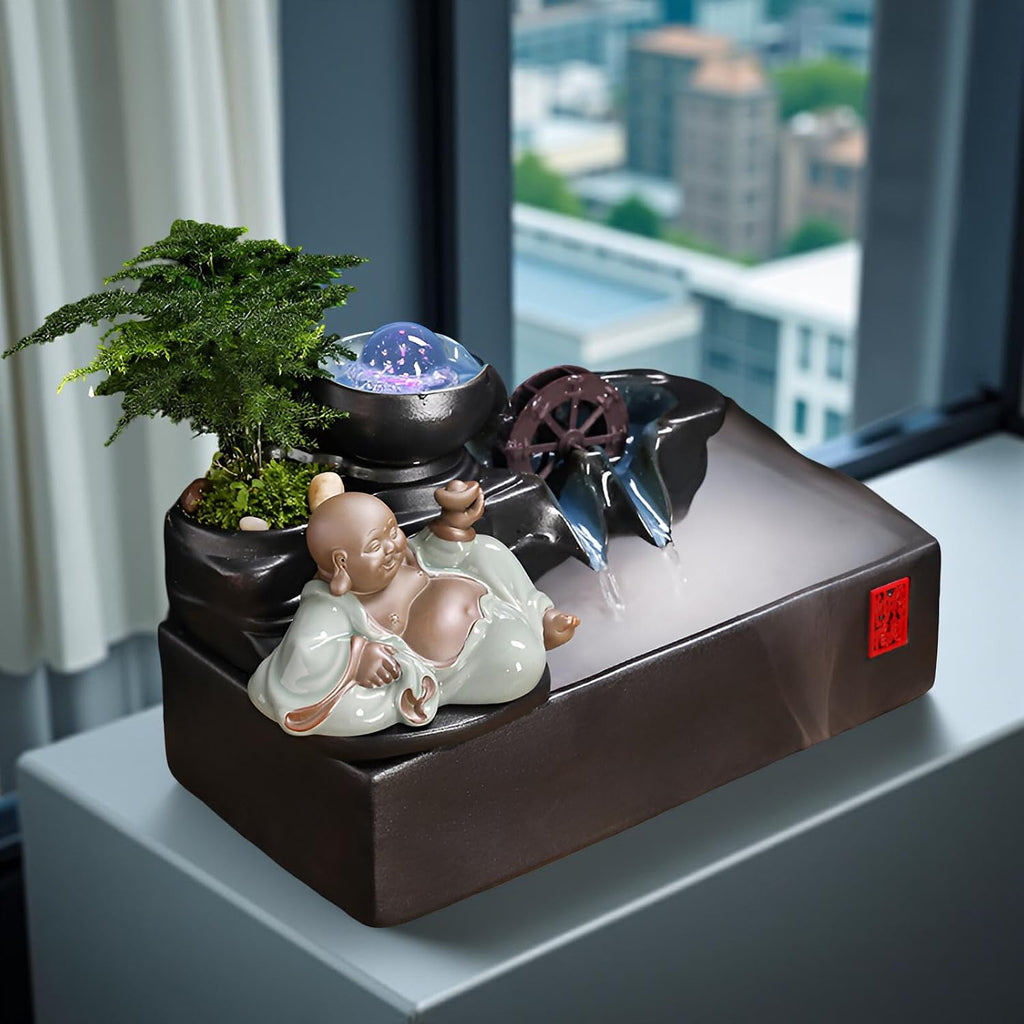Zen Tabletop Fountain with LED Lights & Mist Maker - Indoor Waterfall Decor with Crystal Stones for Home, Office, Meditation Room - Relaxing Desktop Humidifier Gift (C Style)(B Style+Misting)