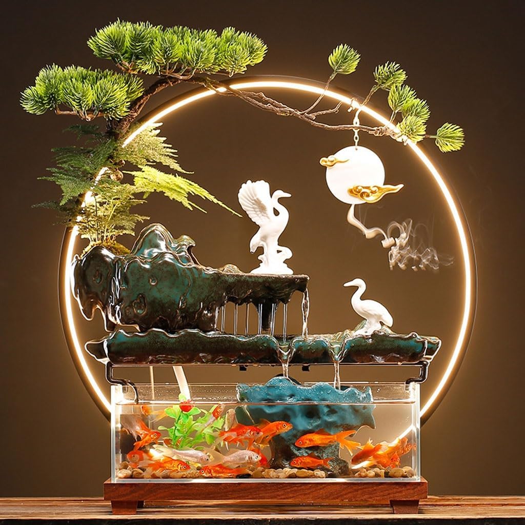 GUERNSEY Tabletop Fountain Chinese Style Running Water Fish Tank Tabletop Fountain Ornaments Indoor Circulating Water Tabletop Decorations Indoor Waterfall Feature Indoor Fountain
