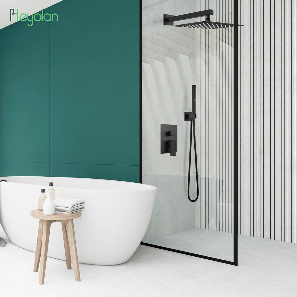 Heyalan Shower System Square Rain Shower System Head Shower Faucet Fixture 2 in 1 Handheld Shower Sprayer Rough in Valve Wall Mount Bathroom Rainfall Combo Set High Pressure,10 Inch,Matte Black