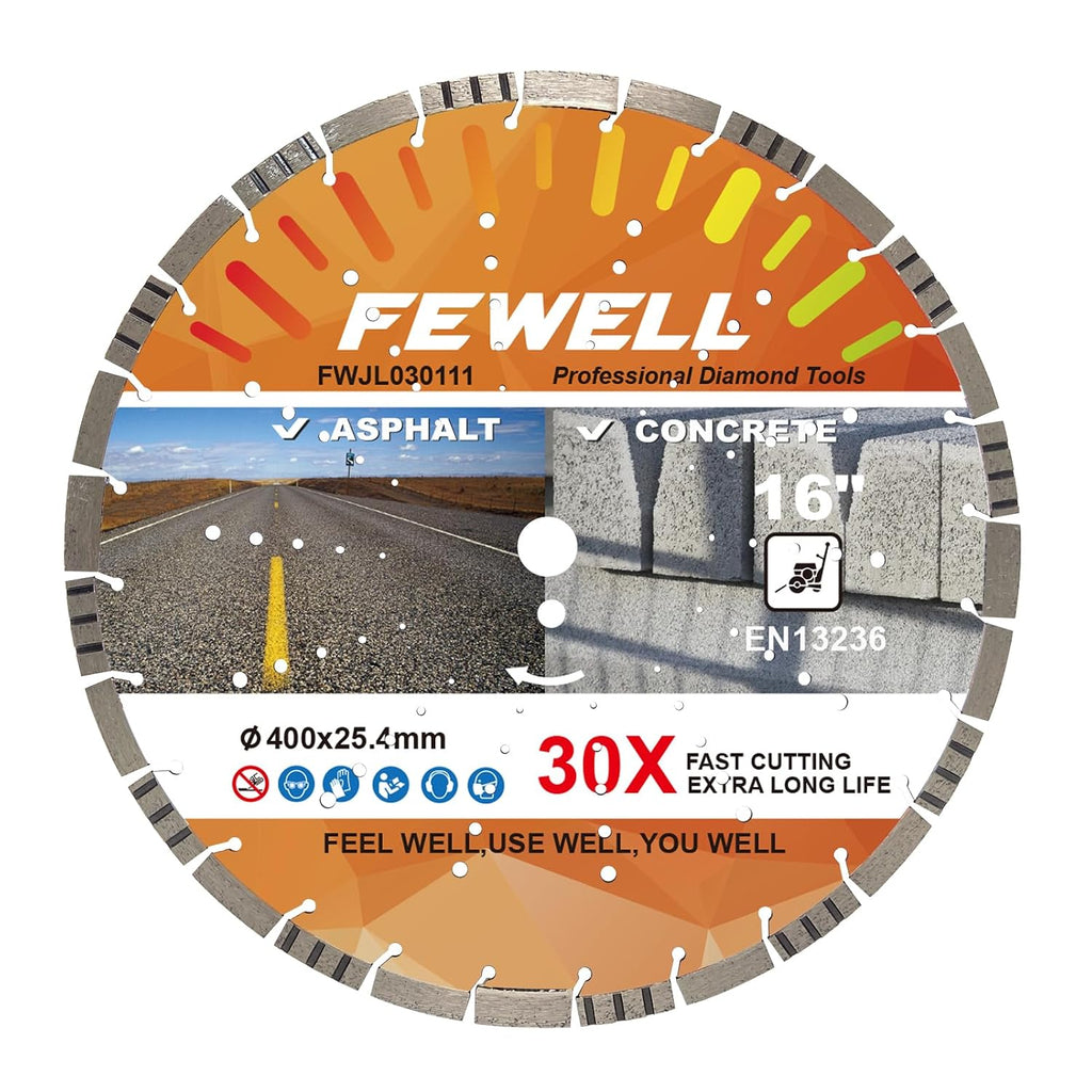 FEWELL 16' Premium Diamond Saw Blade, Multi-Purpose Diamond Blade, Cutting Hard Reinforced Concrete Asphalt Masonry Stone Terrazzo, Laser-Welded Segmented, 1'-20mm Arbor