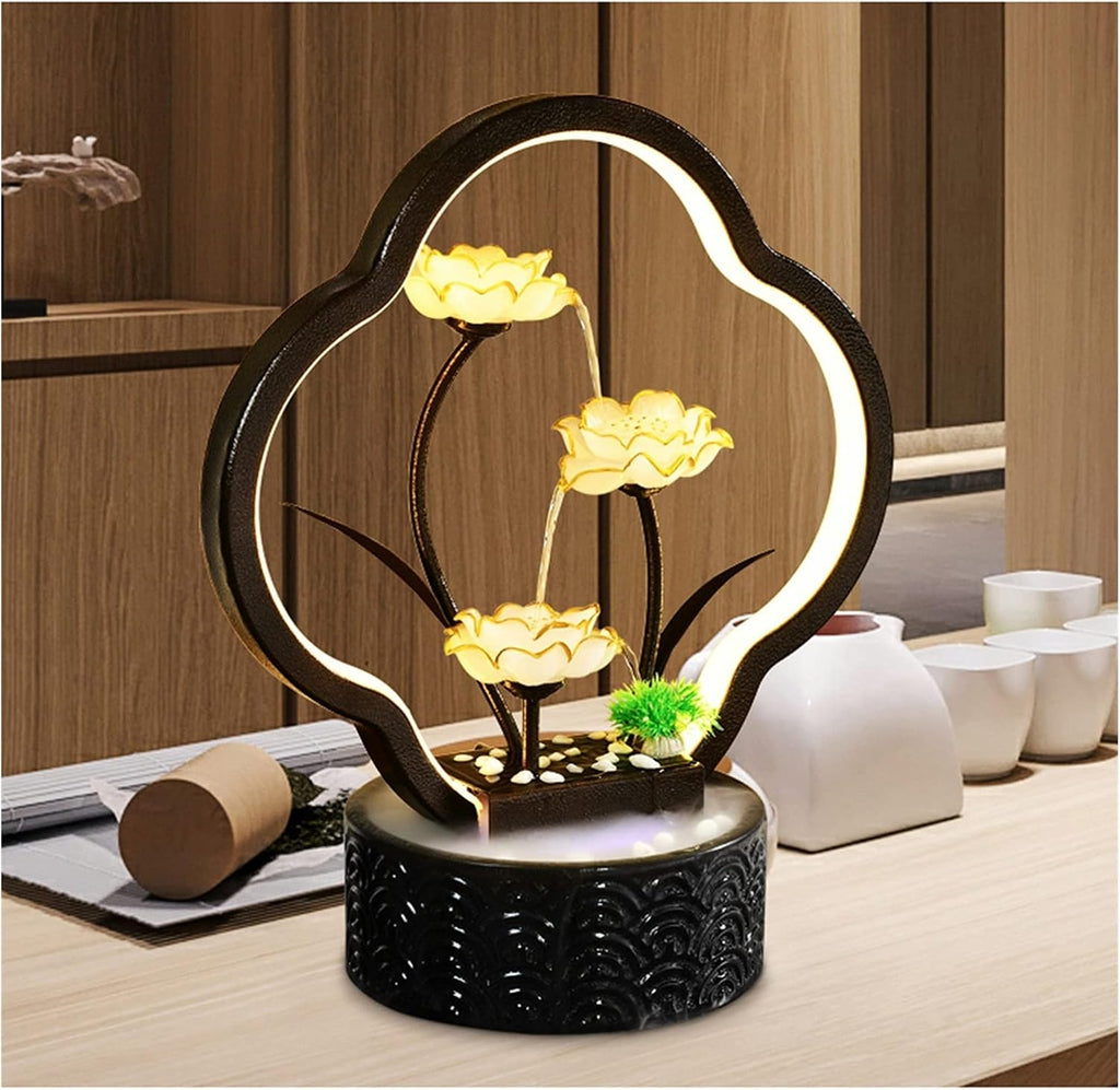 HIHELO Indoor Tabletop Waterfall Fountain Tabletop Fountain with Light Ceramic Circulating Water Fountain Decoration Home Living Room Interior Creative Desktop Landscape Meditation Fountain