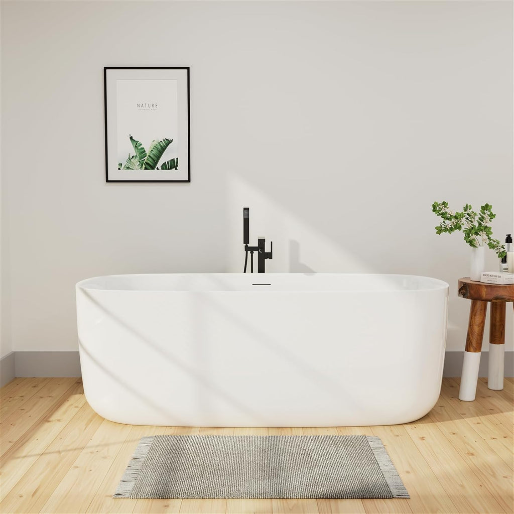 59' Lucite Acrylic Freestanding Bathtub, Rectangular Shape Contemporary Soaking Tub with Toe-tap Chrome Center Drain, Slotted Overflow, cUPC Certified, Glossy White