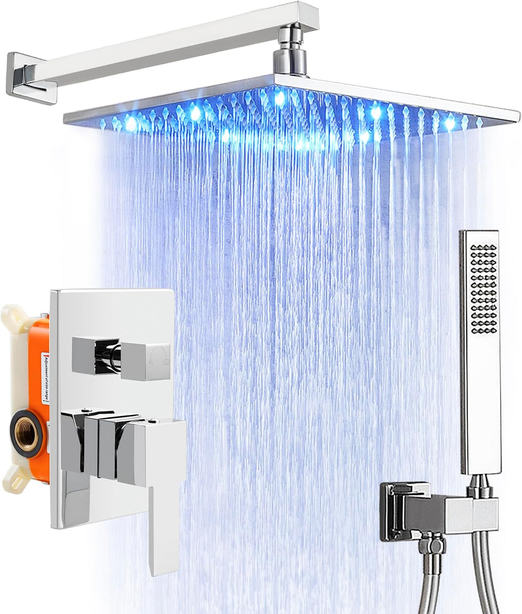 SKOWLL Shower Faucet Set with Handheld, Wall Mount 12 Inch Chrome Shower Head System, LED Overhead Shower Combo Set Rough-in Valve and Trim Included