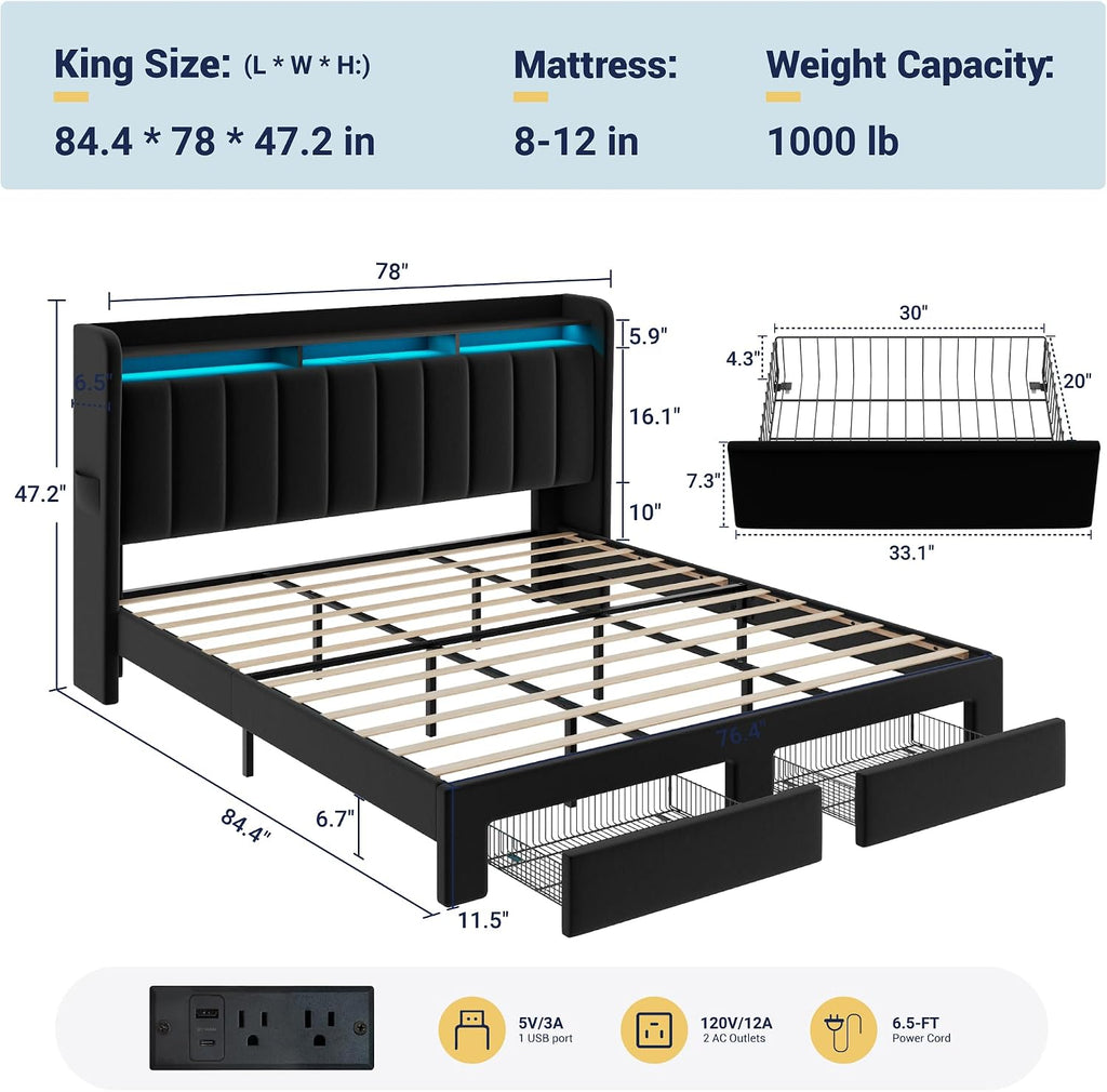 Allewie King Size Bed Frame with 2-Tier LED Storage Headboard, Velvet Upholstered King Platform Bed with 2 Storage Drawers, USB & Type-C Charging Ports, Noise-Free/No Box Spring Needed, Black
