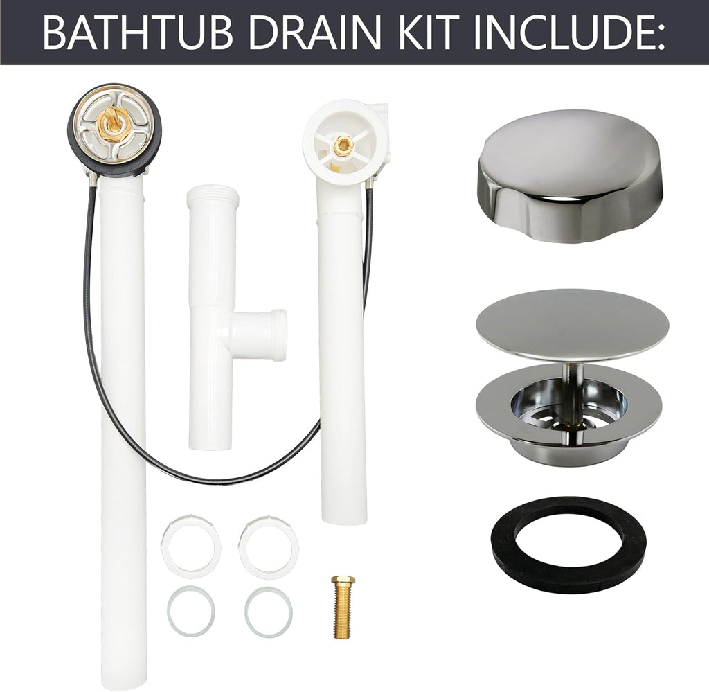 Westbrass A50P35TLE-05 35' Cable Drive Bath Drain Trim Kit with Rotary Overflow Cover Knob, European Stopper and Poly Tubular Pipes, Polished Nickel