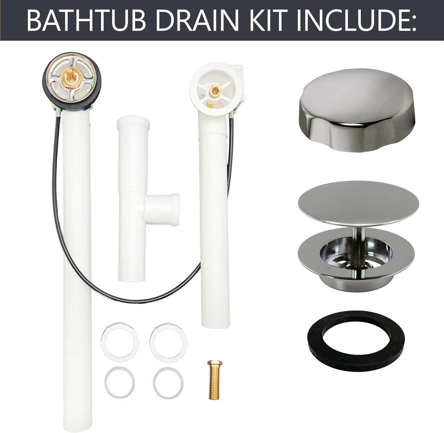 Westbrass A50P35TLE-05 35' Cable Drive Bath Drain Trim Kit with Rotary Overflow Cover Knob, European Stopper and Poly Tubular Pipes, Polished Nickel