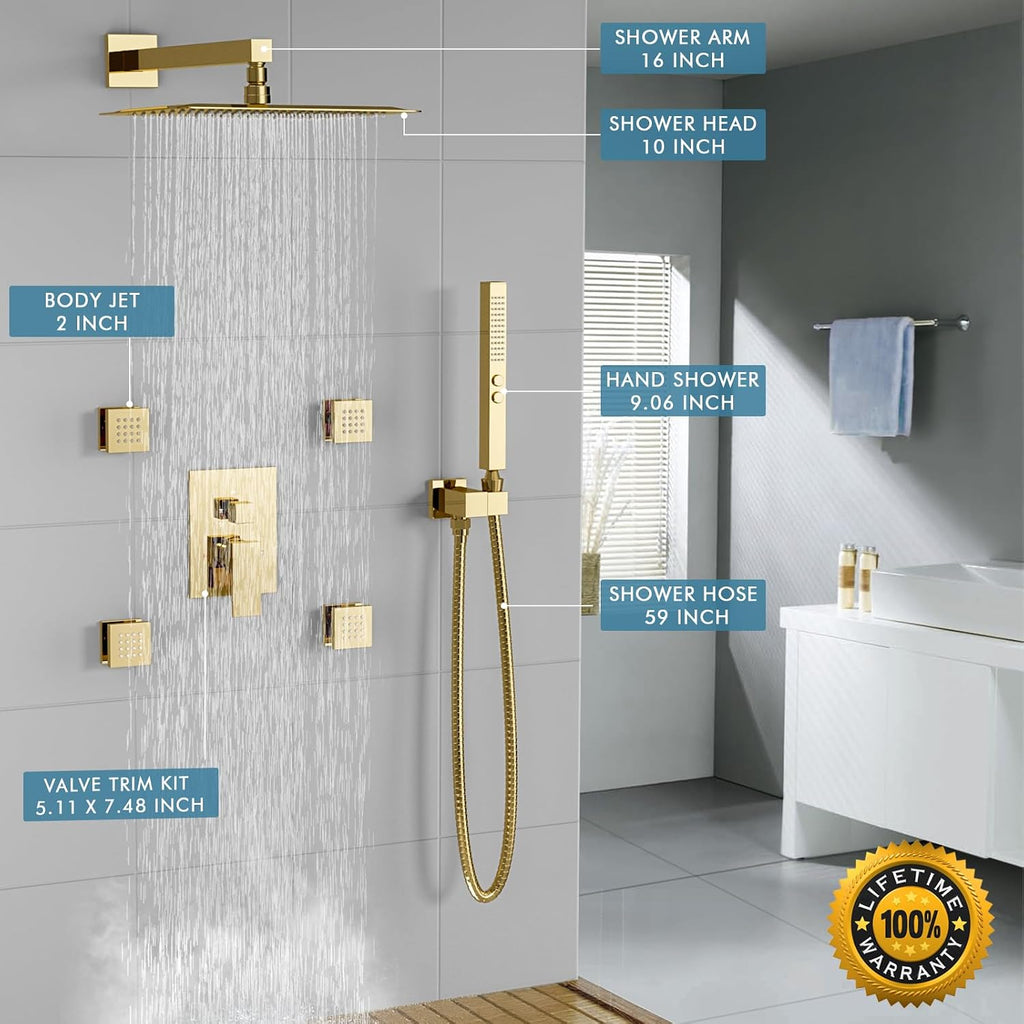 Shower System Brushed Gold Shower Faucets Sets, Bostingner 10' Rain Shower Head with 2 In 1 Handheld Spray and 4 Body Jets, Wall Mounted All Metal 3 Way Shower Set with Rough-in Valve and Trim Kit