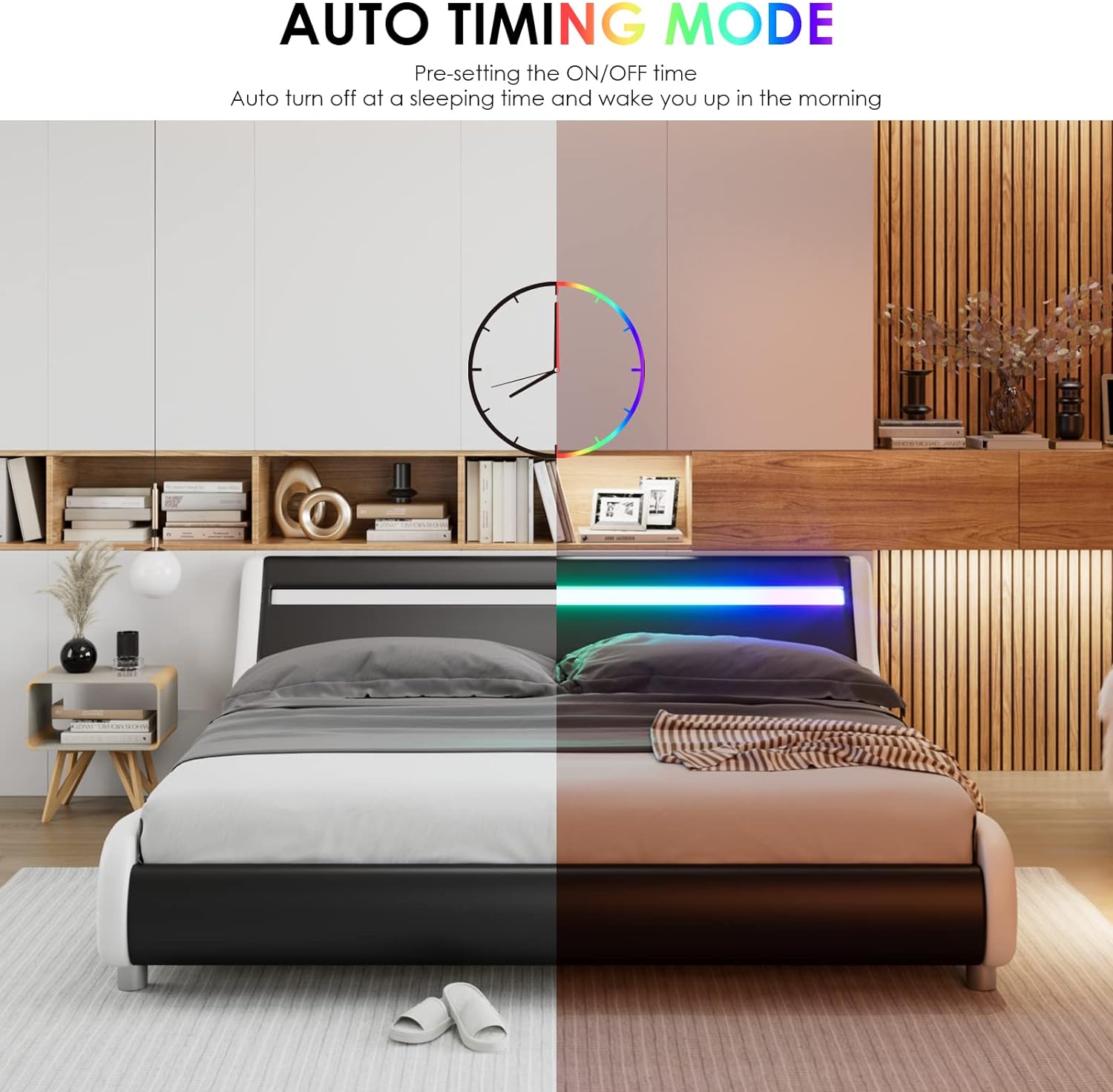 Keyluv Upholstered Queen LED Bed Frame with Headboard, Modern Low Profile Platform Bed with Strong Slats Support, Faux Leather Wave-Like Bed Frame, Easy Assembly, No Box Spring Needed, Blackwhite