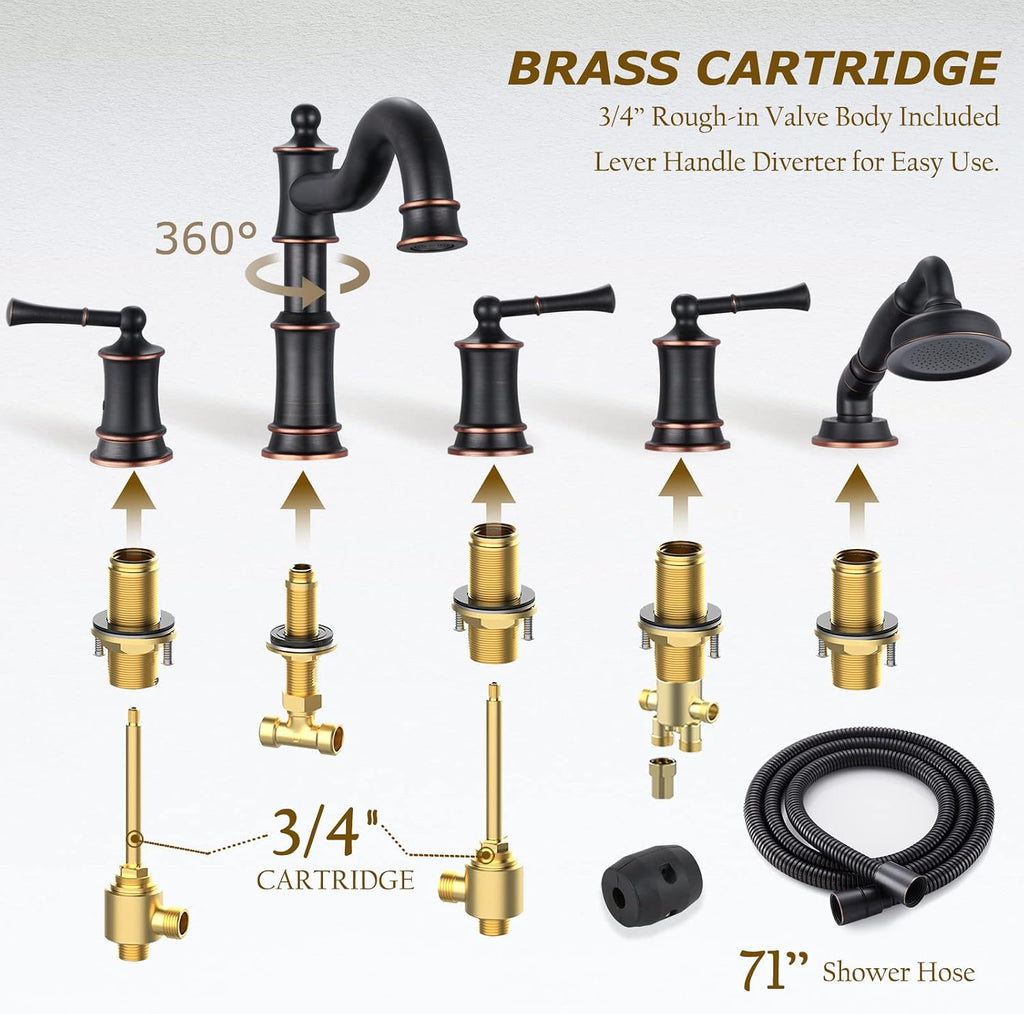 Roman Tub Faucet Set With Handheld Shower 5 Hole Deck Mount Tub Filler With Diverter, 3 Lever Handle Rough-in Valve and Water Supply Lines Included for Bathroom Tub, ORB