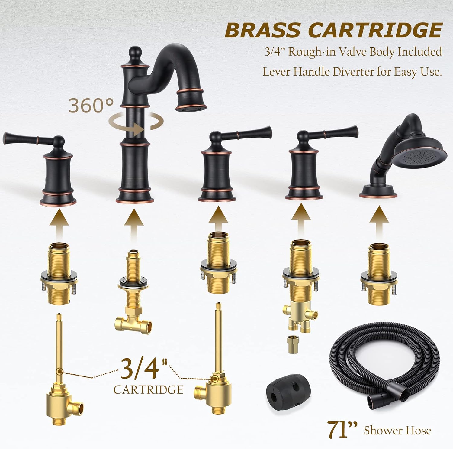 Roman Tub Faucet Set With Handheld Shower 5 Hole Deck Mount Tub Filler With Diverter, 3 Lever Handle Rough-in Valve and Water Supply Lines Included for Bathroom Tub, ORB