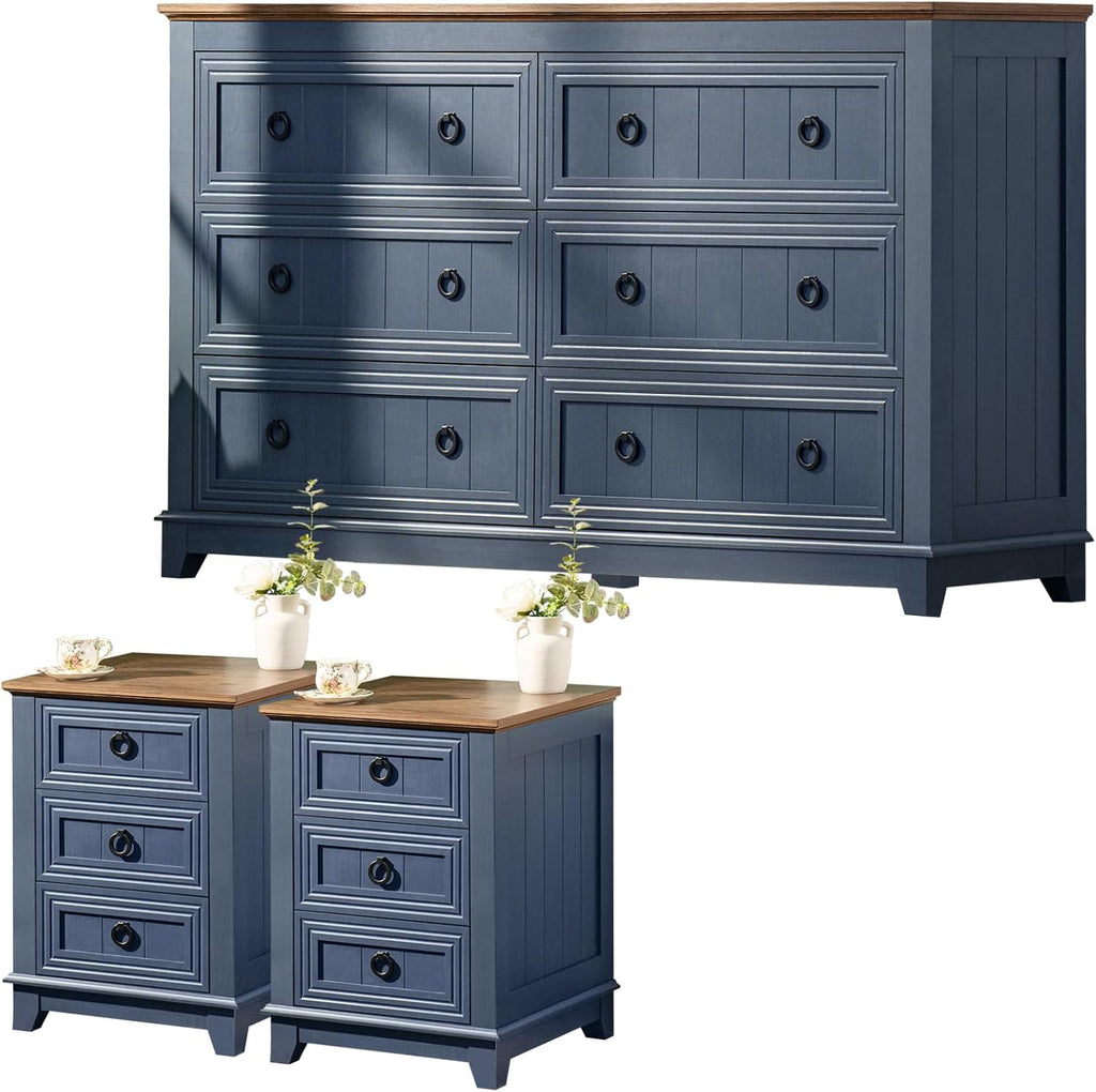 Joaxswe Farmhouse Dresser and Nightstand Sets 3 Piece, Nightstands Set of 2 and 6 Drawers Dressers for Bedroom, 54' Wide Dresser and 18' Inch Night Stand Set for Bedroom, Living Room, Hallway
