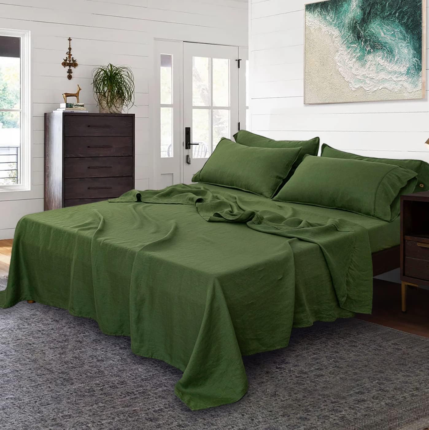S VICTORY SYMBOL 100% Organic Linen Sheets Set Queen Size 4 Pieces(1 Flat Sheet & 1 Fitted Sheet & 2 Pillowcase) Natural Flax Soft Bedding,GOTS Certified,Deep Pocket Sheet,Juniper Green