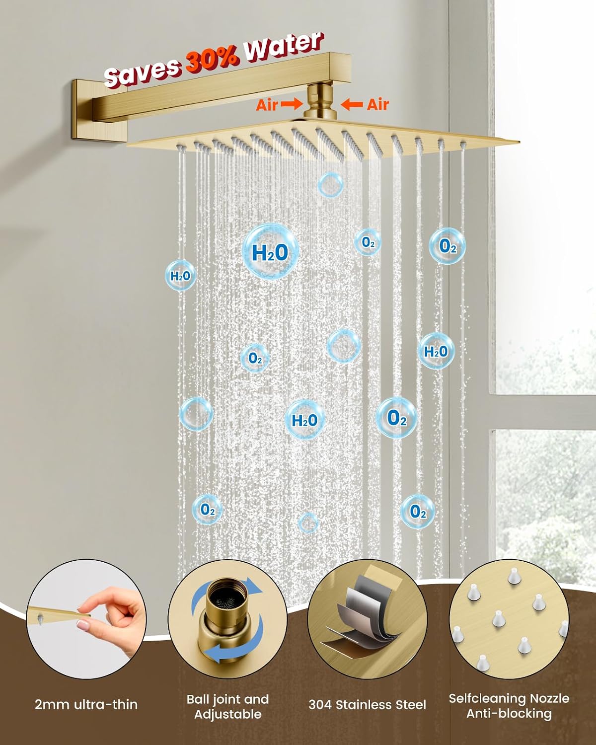 gotonovo Shower System with Tub Spout,Waterfall Tub Shower Faucet Set for Bathroom Head and Handle Set Wall Mounted 3 Function Rough-in Valve and Trim Included 10 inch Shower Head Brushed Gold