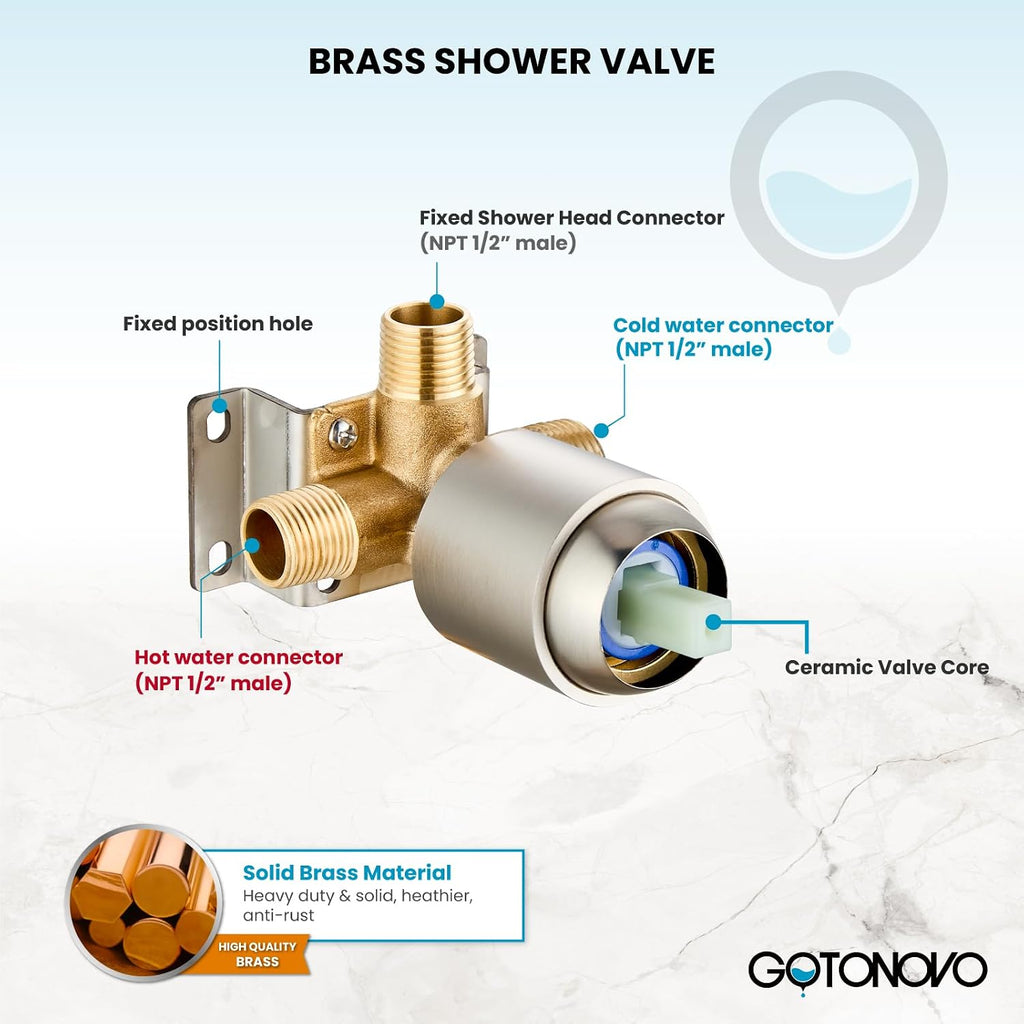 gotonovo Single-Handle Shower Faucet Set Shower Valve and Trim Kit with gotonovo 4 Inch Centerset Waterfall Bathroom Sink Faucet Deck Mount 2 Handle with Pop Up Drain Brushed Nickel