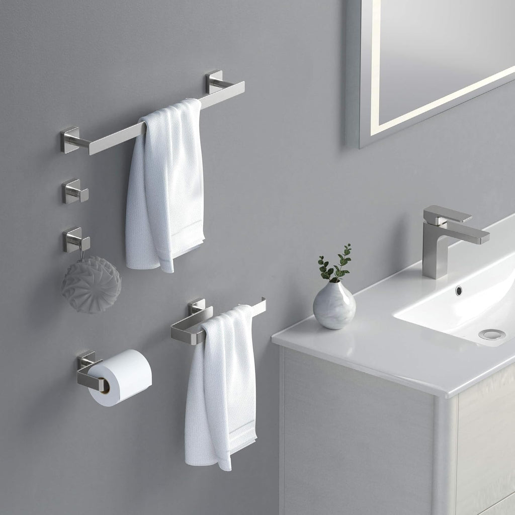 Kibi Blaze 5-Piece Bathroom Hardware Set – Includes 19 -Inch Hand Towel Bar and Holder, Toilet Paper Holder, Robe Hook – Wall Mounted, Solid Brass, Modern Bath Accessories (Brushed Nickel, KBA16-5-1)