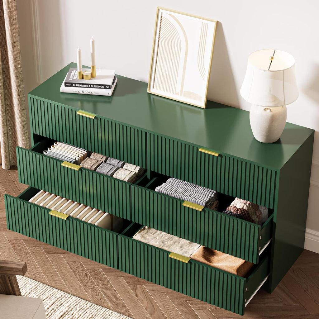 MAISONARIA 3-Piece Dresser Bedroom Set, 6 Drawer Dresser & 3 Drawer Nightstands with Gold Handles, Fluted Wood Chest of Drawers for Bedroom, Living Room, Entryway, Green