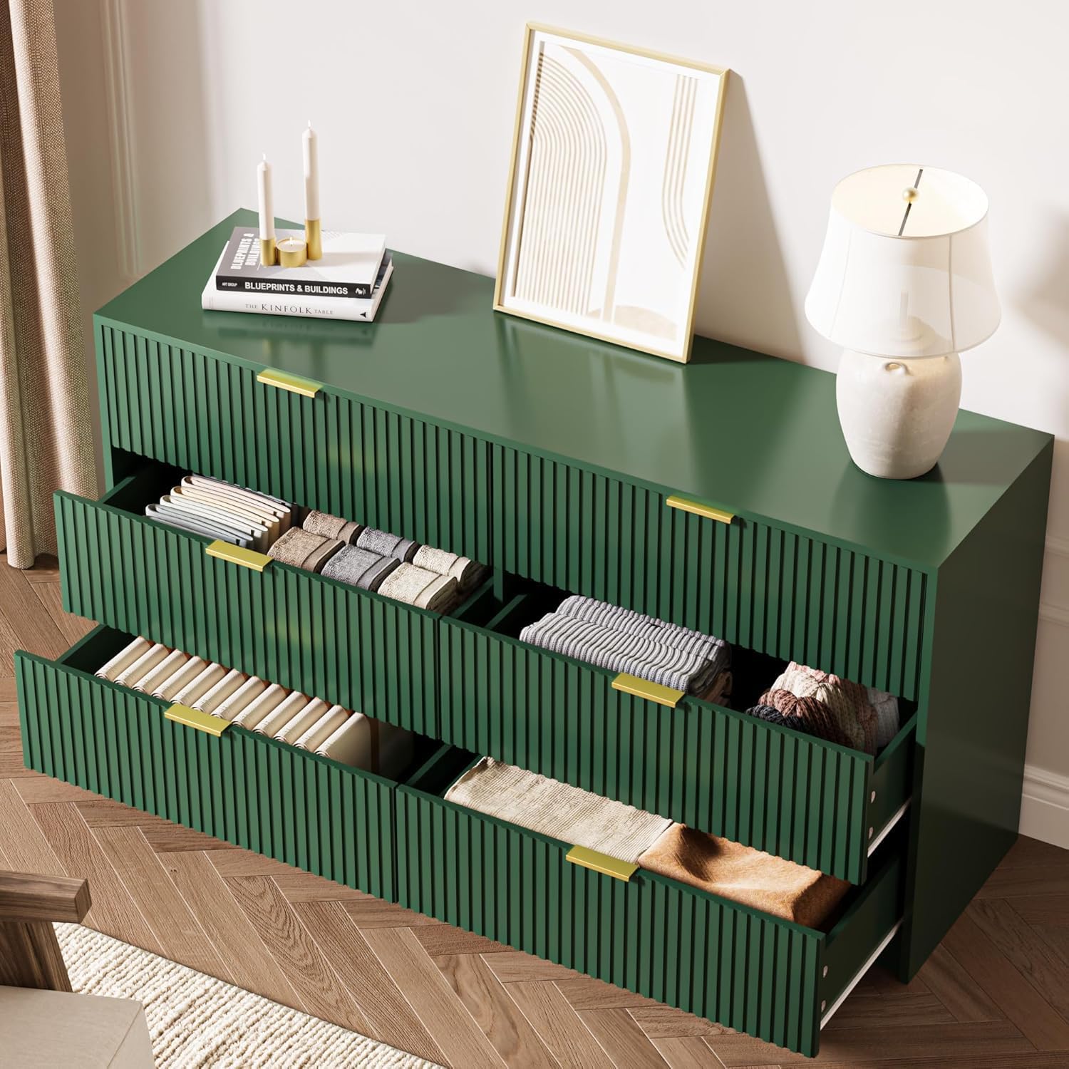 MAISONARIA 3-Piece Dresser Bedroom Set, 6 Drawer Dresser & 3 Drawer Nightstands with Gold Handles, Fluted Wood Chest of Drawers for Bedroom, Living Room, Entryway, Green