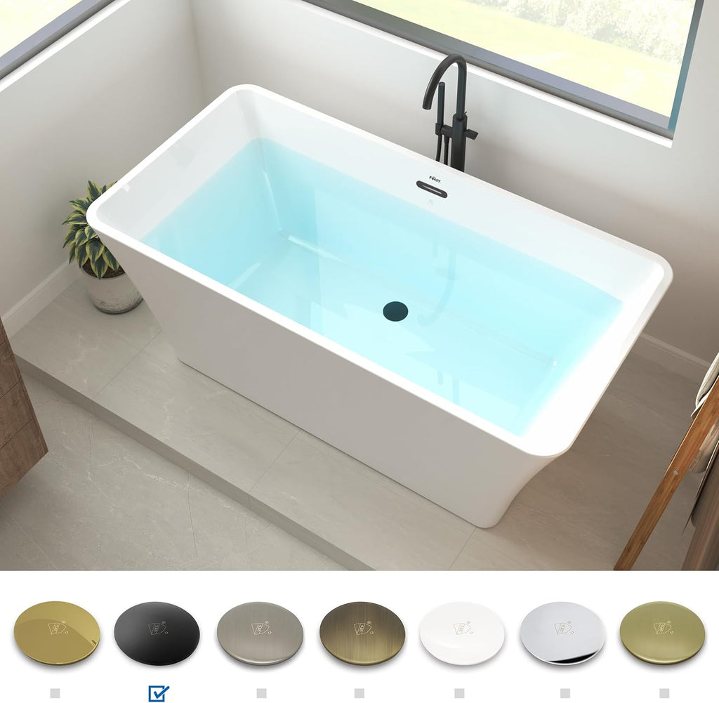 FerdY Sentosa 59' Acrylic Freestanding Bathtub, Contemporary Design Soaking Tub with Matte Black Drain and Minimalist Linear Design Overflow, Easy to Install