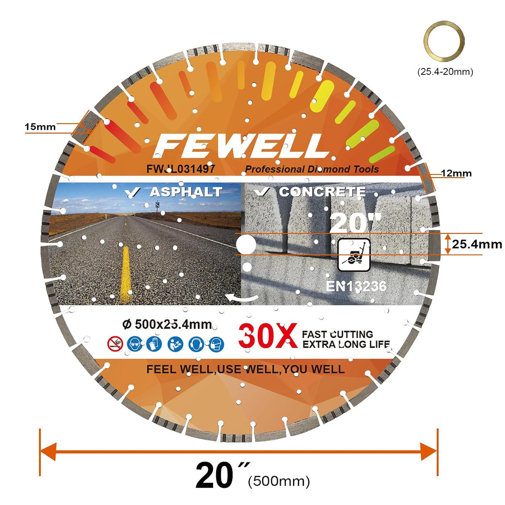 FEWELL 20' Concrete Diamond Saw Blade,Asphalt Diamond Blade Multi-Purpose for Cutting Hard Reinforced Concrete Asphalt Masonry Stone Terrazzo, Laser-Welded Segmented, 1'-20mm Arbor
