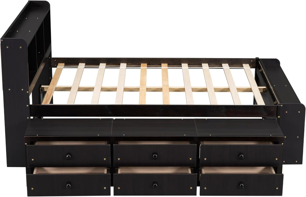 Modern Full Size Platform Bed with Bookcase Storage Headboard, Wood Captain Platform Bed Frame with 6 Drawers and Bed End Storage Case, Sturdy Slat Support, Maximize Space (Espresso-I4)