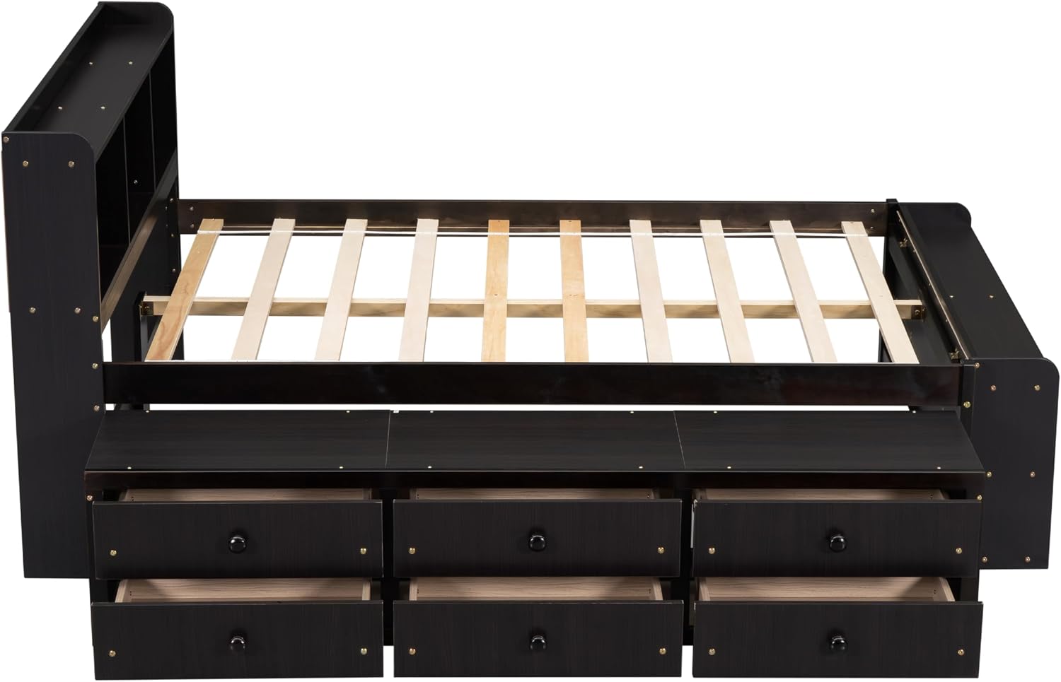 Modern Full Size Platform Bed with Bookcase Storage Headboard, Wood Captain Platform Bed Frame with 6 Drawers and Bed End Storage Case, Sturdy Slat Support, Maximize Space (Espresso-I4)