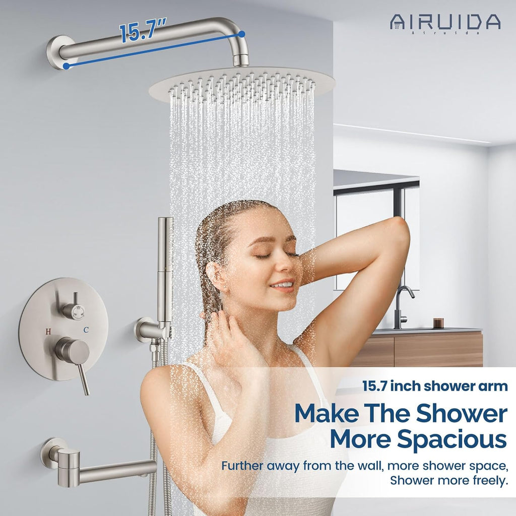 Airuida 3-Function Shower System with Tub Spout – Round Rainfall Shower Faucet Combo,Handheld Spray with 2 Functions,Includes Rough-In Valve with 360° Rotating Drain,10 Inch Shower Head,Brushed Nickel