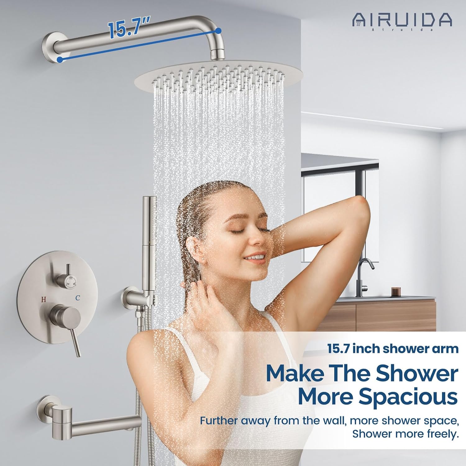 Airuida 3-Function Shower System with Tub Spout – Round Rainfall Shower Faucet Combo,Handheld Spray with 2 Functions,Includes Rough-In Valve with 360° Rotating Drain,10 Inch Shower Head,Brushed Nickel