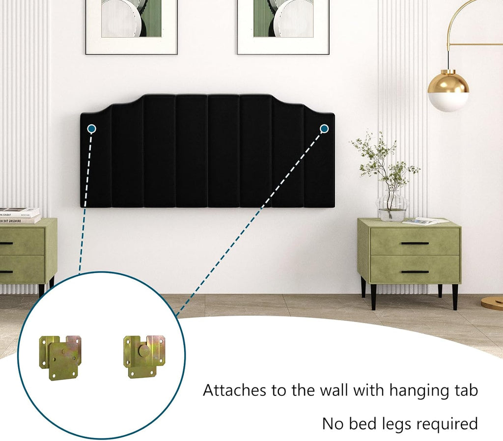 Befurtori Queen Size Headboard Only, Velvet Wall Mounted Headboard Queen Size for Adjustable Bed, Modern Vertical Channel Design with Curved Tufted Upholstered Head Board and Luxury Soft Padded, Black